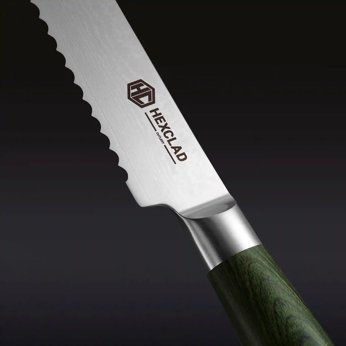 Damascus Steel Serrated Bread Knife, 8" (Green)